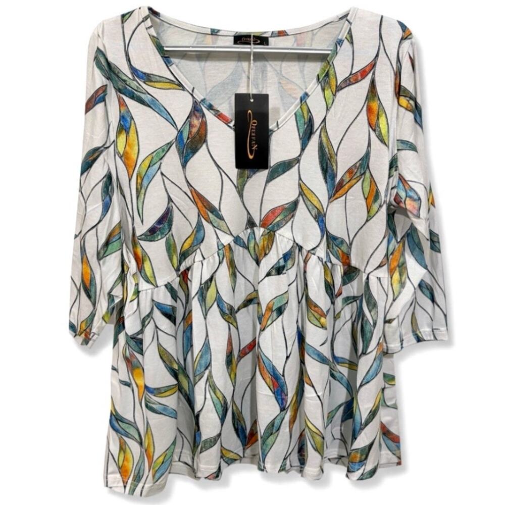 NWT OFEEFAN Wns Large Boho Coastal Leaf Print VNeck 3/4 Sleeve Flowy Tunic top - Picture 7 of 8